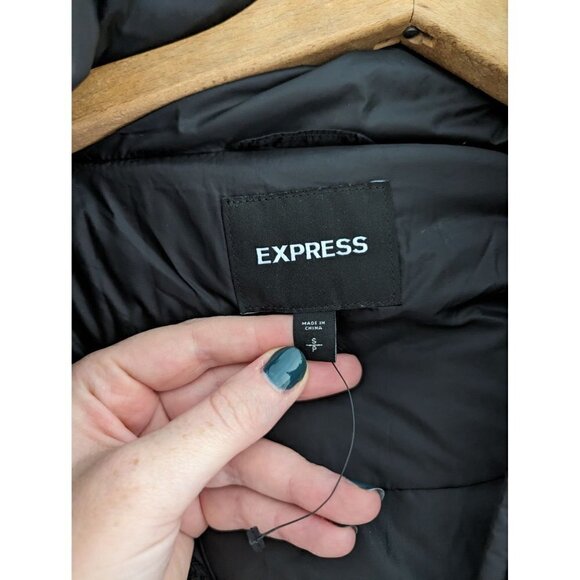 NWOT Express Belted Black Quilted Puffer Long Winter Jacket with Hood - Picture 10 of 13